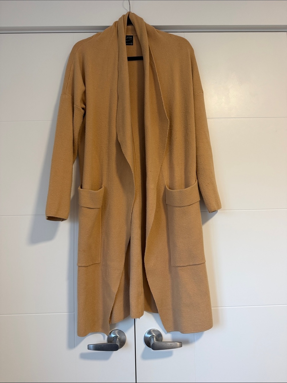 Long Open-Front Camel Cardigan with Pockets